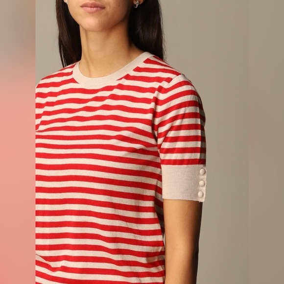 Max Mara Stagno Stripe Silk & Cashmere Sweater Top In Red/Tan NWOT - Picture 2 of 13